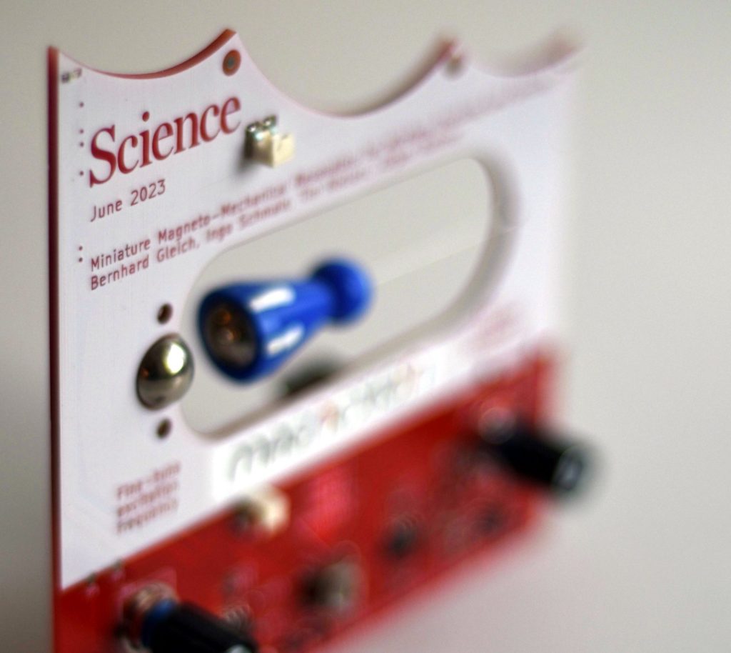 Photo of Printed Circuit Board celebrating 2023 publication in Science on Magneto-Mechanical Resonators